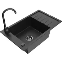 Mexen Elias 1 Becken-Granitspüle mit Abtropffläche und Mischbatterie Telma, Schwarz/Silber - 6511-73-670200-70-B