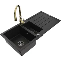 Mexen Andres 1,5-Becken-Granitspüle mit Abtropffläche und Mischbatterie Savita, Schwarz - 6515-77-672601-50-B