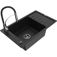 Mexen Elias 1 Becken-Granitspüle mit Abtropffläche und Mischbatterie Aster, Schwarz - 6511-77-73450-07-B