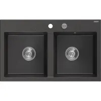 Mexen Hektor Granitspüle 2-beckig 800 x 480 mm, schwarz gesprenkelt, Siphon Chrom - 6521802000-76