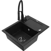 Mexen Enzo 1 Becken-Granitspüle mit Abtropffläche und Mischbatterie Aster, Schwarz - 6506-77-73450-70-B