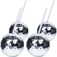 TAUOH 4PCS Disco Ball Tassen Cocktail Gläser Bar Werkzeuge Party Taschenlampe Stroh Wein Kelche Trinken Silber