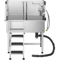 DUOKU Edelstahlbadewanne für Tiere-- 96 cm mit Treppe rechts, Wasserhahn, Handbrause-Linke Tür