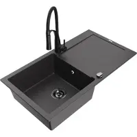 Mexen Leo 1 Becken-Granitspüle mit Abtropffläche und Mischbatterie Aster, Schwarz gesprenkelt - 6501-76-73450-70-B