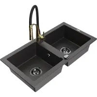 Mexen Mario 2-Becken-Granitspüle mit Mischbatterie Aster, Schwarz gesprenkelt - 6504-76-73450-57-B
