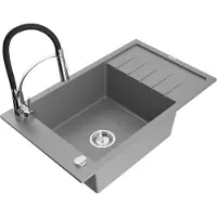 Mexen Elias 1 Becken-Granitspüle mit Abtropffläche und Mischbatterie Aster, Grau - 6511-71-73450-07