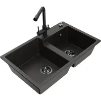 Mexen Tomas 2-Becken-Granitspüle mit Mischbatterie Duero, Schwarz/Gold metallisch - 6516-75-671600-70-B