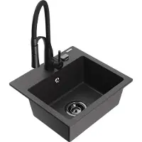 Mexen Milo 1-Becken-Granit-Spüle mit Mischbatterie Aster, Schwarz gesprenkelt - 6505-76-73450-70-B