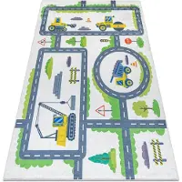 Rugsx BAMBINO 2338 Waschteppich Bagger, Straßen für Kinder Anti-Rutsch - weiß / grün 200x290 cm