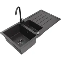 Mexen Andres 1,5-Becken-Granitspüle mit Abtropffläche und Mischbatterie Telma, Schwarz gesprenkelt - 6515-76-670200-70-B