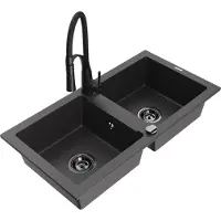 Mexen Mario 2-Becken-Granitspüle mit Mischbatterie Aster, Schwarz gesprenkelt - 6504-76-73450-70-B