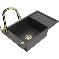 Mexen Elias 1 Becken-Granitspüle mit Abtropffläche und Mischbatterie Elia, Schwarz gesprenkelt - 6511-76-670101-50