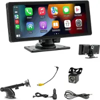 Torribaly Tragbares kabelloses Carplay-Autoradio mit Dashcam – 10,26-Zoll-HD-IPS-Bildschirm, Android Auto, 1080P-Rückfahrkamera, Bluetooth