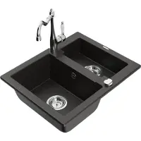 Mexen Carlos 1,5-Becken-Granitspüle mit Mischbatterie Carla, Schwarz/Gold metallisch - 6518-75-670700-00
