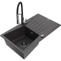 Mexen Cesar 1 Becken-Granitspüle mit Abtropffläche und Mischbatterie Aster, Schwarz gesprenkelt - 6514-76-73450-07-B