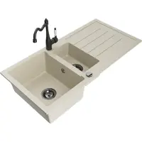 Mexen Andres 1,5-Becken-Granitspüle mit Abtropffläche und Mischbatterie Carla, Beige - 6515-69-670700-70