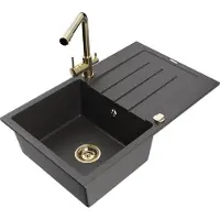 Mexen Bruno 1 Becken-Granitspüle mit Abtropffläche und Mischbatterie Duero, Schwarz gesprenkelt - 6513-76-671600-50