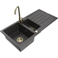 Mexen Andres 1,5-Becken-Granitspüle mit Abtropffläche und Mischbatterie Telma, Schwarz gesprenkelt - 6515-76-670200-50
