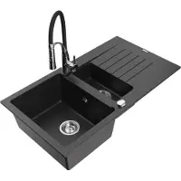 Mexen Matias 1,5-Becken-Granitspüle mit Abtropffläche und Mischbatterie Aster, Schwarz/Silbermetallic - 6502-73-73450-07