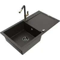 Mexen Leo 1 Becken-Granitspüle mit Abtropffläche und Mischbatterie Flora, Schwarz/Gold metallisch - 6501-75-670401-57-B
