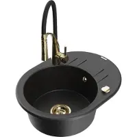Mexen Kevin 1 Becken-Granitspüle mit Abtropffläche und Mischbatterie Aster, Schwarz/Silbermetallic - 6517-73-73450-57-G