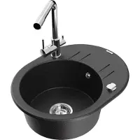 Mexen Kevin 1 Becken-Granitspüle mit Abtropffläche und Mischbatterie Duero, Schwarz/Silbermetallic - 6517-73-671600-00