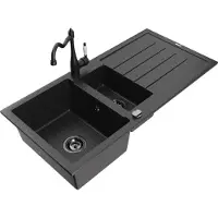 Mexen Andres 1,5-Becken-Granitspüle mit Abtropffläche und Mischbatterie Carla, Schwarz/Silber - 6515-73-670700-70-B
