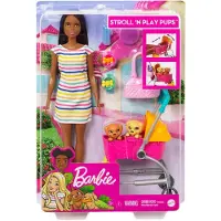 Barbie Hundespaziergang Puppe & Zubehör, Stroll & Play Pups Set mit wandelbarem Kinderwagen, 2 Haustieren & Handtasche