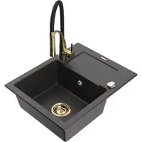 Mexen Enzo 1 Becken-Granitspüle mit Abtropffläche und Mischbatterie Aster, Schwarz gesprenkelt - 6506-76-73450-57-G