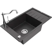 Mexen Elias 1 Becken-Granitspüle mit Abtropffläche und Mischbatterie Carla, Schwarz gesprenkelt - 6511-76-670700-00