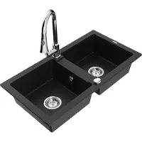 Mexen Mario 2-Becken-Granitspüle mit Mischbatterie Elia, Schwarz - 6504-77-670101-00