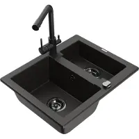Mexen Carlos 1,5-Becken-Granitspüle mit Mischbatterie Duero, Schwarz/Gold metallisch - 6518-75-671600-70-B