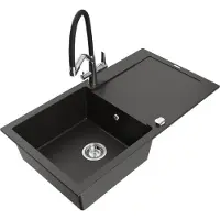 Mexen Leo 1 Becken-Granitspüle mit Abtropffläche und Mischbatterie Duo, Schwarz/Gold metallisch - 6501-75-671701-07