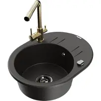 Mexen Kevin 1 Becken-Granitspüle mit Abtropffläche und Mischbatterie Duero, Schwarz/Gold metallisch - 6517-75-671600-50-B