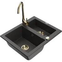 Mexen Carlos 1,5-Becken-Granitspüle mit Mischbatterie Telma, Schwarz gesprenkelt - 6518-76-670200-50