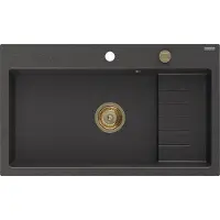 Mexen Omar Granitspüle 1-Becken 800 x 480 mm, schwarz gesprenkelt, goldener Siphon - 6520801005-76-G