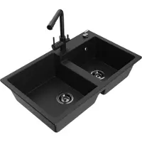 Mexen Tomas 2-Becken-Granitspüle mit Mischbatterie Duero, Schwarz - 6516-77-671600-70-B
