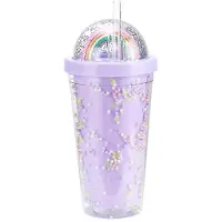 MaxPower 550 ml Regenbogen-Wasserflasche aus Kunststoff, doppellagiger Trinkbecher mit Pailletten und Strohhalm für Frauen und Mädchen