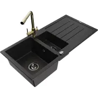 Mexen Andres 1,5-Becken-Granitspüle mit Abtropffläche und Mischbatterie Duero, Schwarz - 6515-77-671600-50-B