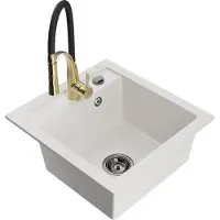 Mexen Matias 1,5-Becken-Granitspüle mit Abtropffläche und Mischbatterie Aster, Weiß - 6502-20-73450-57-B