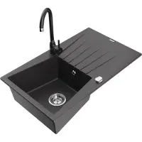Mexen Cesar 1 Becken-Granitspüle mit Abtropffläche und Mischbatterie Telma, Schwarz gesprenkelt - 6514-76-670200-70