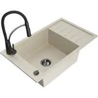 Mexen Elias 1 Becken-Granitspüle mit Abtropffläche und Mischbatterie Aster, Beige - 6511-69-73450-70-B