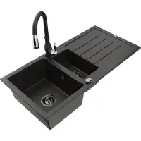 Mexen Andres 1,5-Becken-Granitspüle mit Abtropffläche und Mischbatterie Savita, Schwarz/Gold - 6515-75-672601-70-B