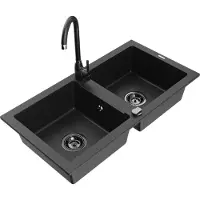 Mexen Mario 2-Becken-Granitspüle mit Mischbatterie Telma, Schwarz/Silber - 6504-73-670200-70-B