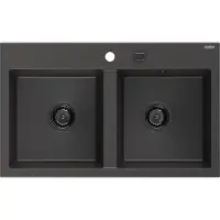 Mexen Hektor Granitspüle 2-Becken 800 x 480 mm, schwarz gesprenkelt, schwarzer Siphon - 6521802000-76-B