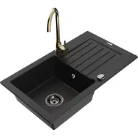 Mexen Pablo 1 Becken-Granitspüle mit Abtropffläche und Mischbatterie Telma, Schwarz - 6510-77-670200-50-B