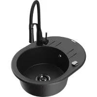 Mexen Kevin 1 Becken-Granitspüle mit Abtropffläche und Mischbatterie Aster, Schwarz/Silbermetallic - 6517-73-73450-70-B