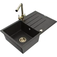 Mexen Bruno 1 Becken-Granitspüle mit Abtropffläche und Mischbatterie Duero, Schwarz/Gold metallisch - 6513-75-671600-50