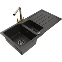 Mexen Andres 1,5-Becken-Granitspüle mit Abtropffläche und Mischbatterie Duero, Schwarz/Gold - 6515-75-671600-50-B
