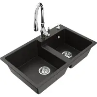Mexen Tomas 2-Becken-Granitspüle mit Mischbatterie Savita, Schwarz/Gold metallisch - 6516-75-672601-00
